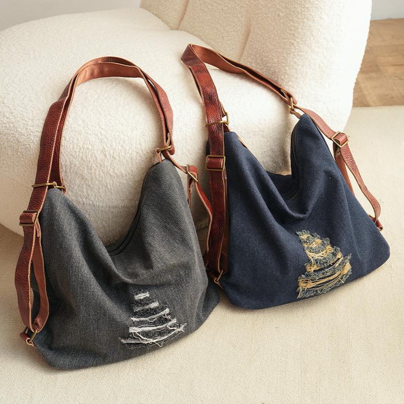 Large Capacity Denim Tote Bag with A Relaxed Style for Casual Cross-body or Double-back Carrying - Double-shoulder Bag Casually