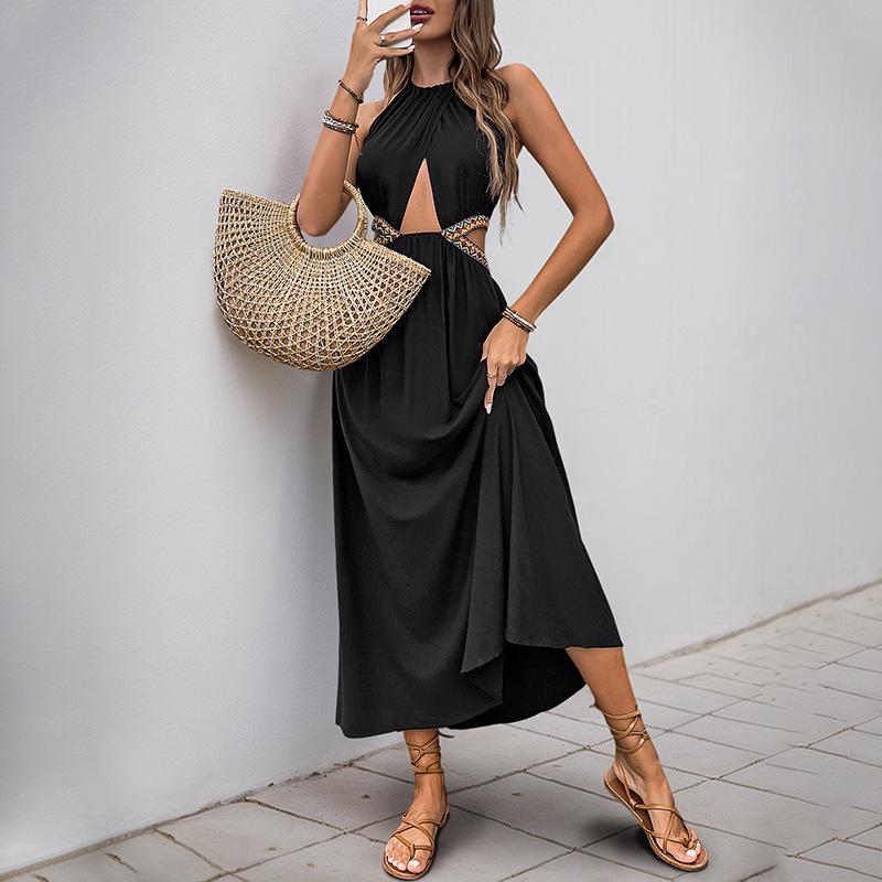 2026 Summer Halter Neck Sleeveless Dress with Hollow-Out Waist and Long Skirt for Women