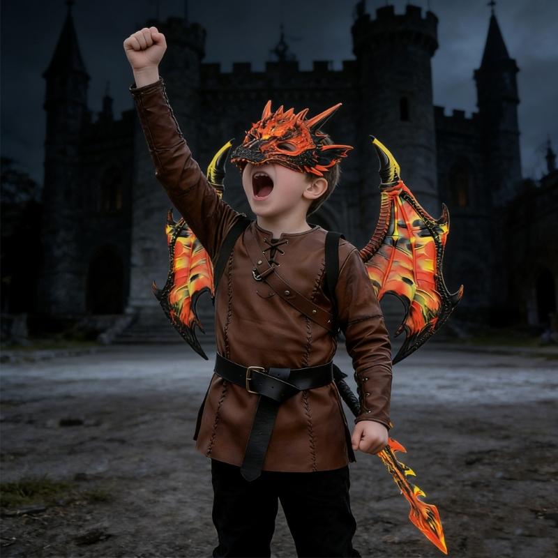 Drachenkostüm für Kinder Jungen Mädchen, Drachenflügel Schwanz Masken-Set, Halloween Dinosaurier Cosplay Kostüm Zubehör