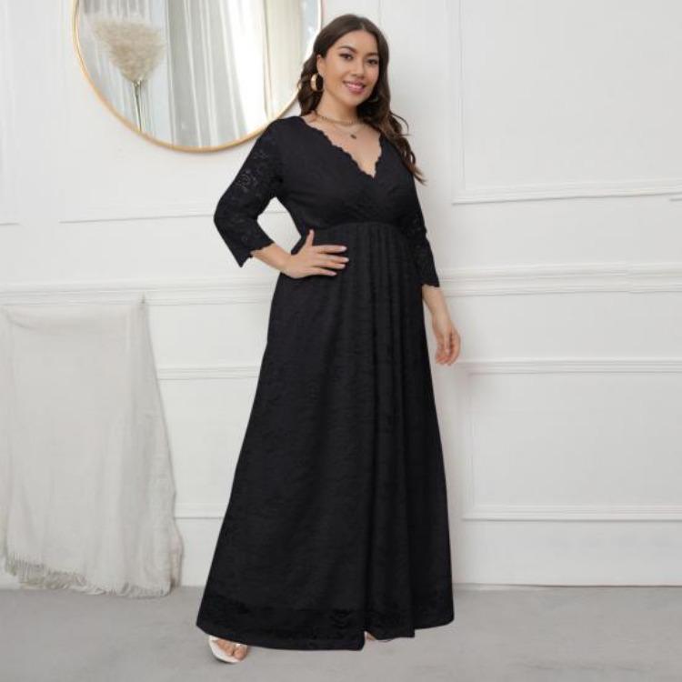 Plus Size Women Maxi Dress High Waist V Neck 3 4 Sleeve Long Dress Lace Flower Embroidery Wedding Vacation Dress