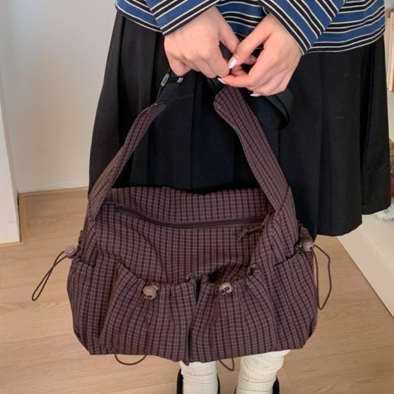 Korean Plaid Canvas Crossbody Bag Large Capacity Casual Shoulder Bag Multicolor Tote Bag For Women Commute Striped Messenger Bag