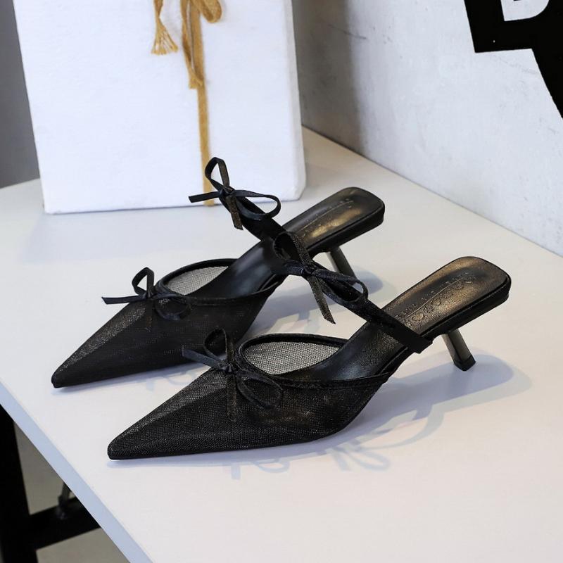 

Korean Version Of Lace Half-Tugged Thin Heels For With Pointed Toe Shallow Mouth Bow With One Strap Strap Mid-Heel Slippers 34