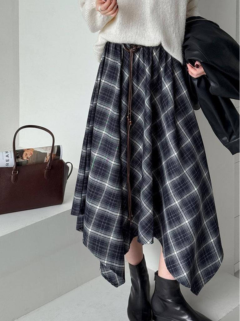 Ju Zhi Podzimní kostkovaná sukně midi áčkového střihu s vysokým pasem - Nepravidelný design, Zeštíhlující střih