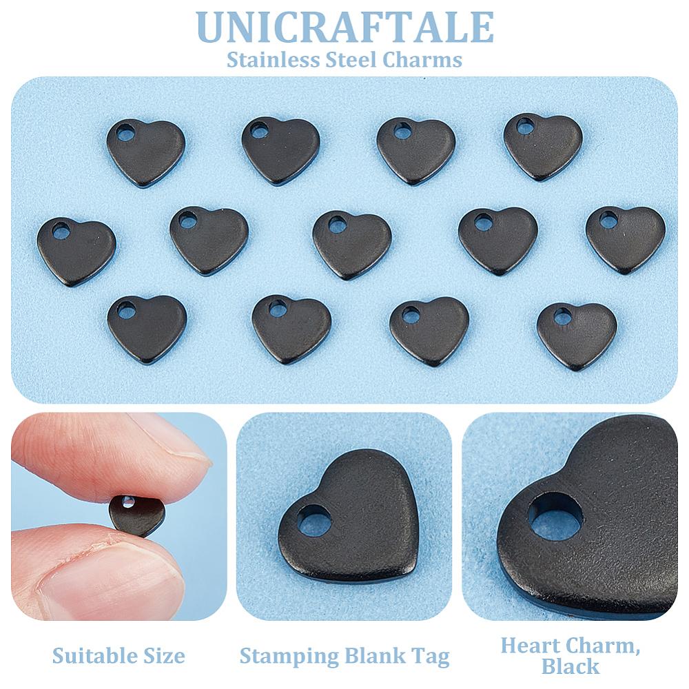 40Pcs 304 Stainless Steel Charms Stamping Blank Tag Heart Electrophoresis Black 5x6x1mm Hole: 1mm