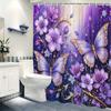 Butterfly & Floral Pattern Polyester Bathtub Curtain - Charming Bathroom Decor, 2D Flat Printed Shower Curtain for Home Use