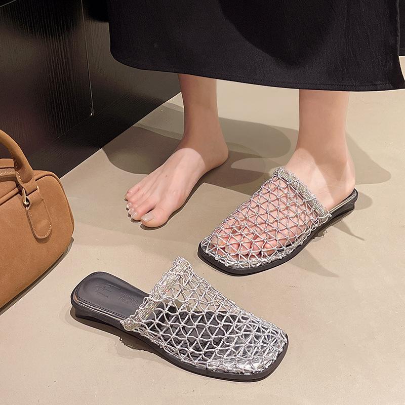 Baotou half slippers women's outer wear 2025 summer new niche mesh hollow slippers breathable low-heeled fishing net shoes