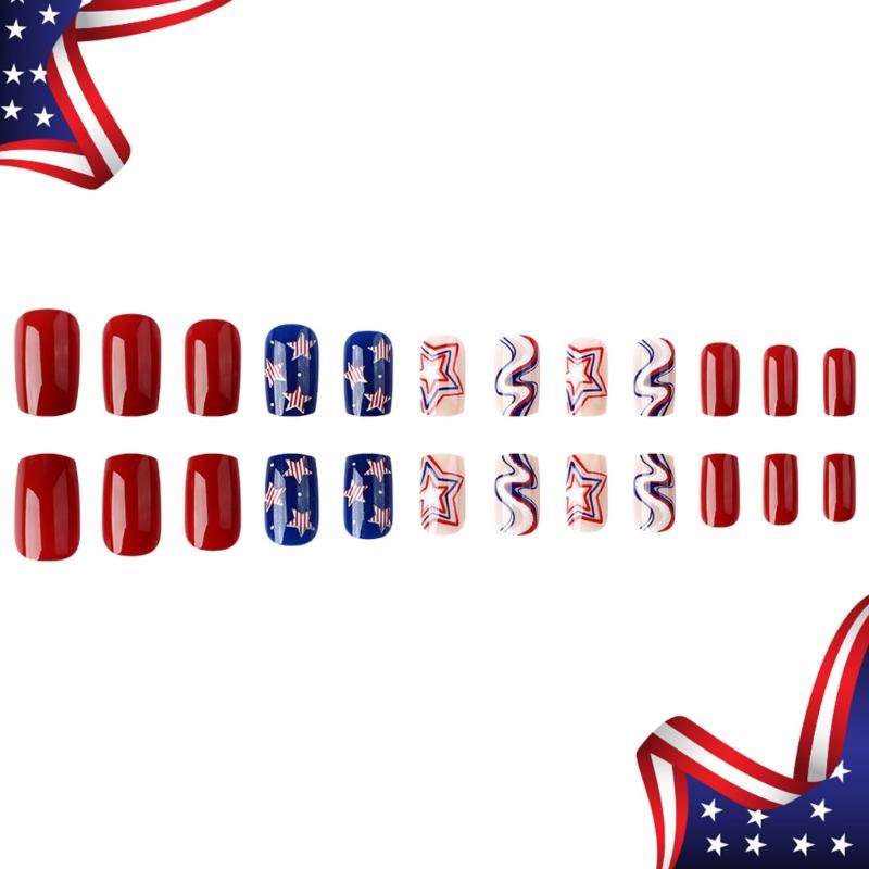 24 Pcs 4th of July False Nail Independence Day Artificial Nail Flag Day Full Cover Stick on Nail Square Press On Nail