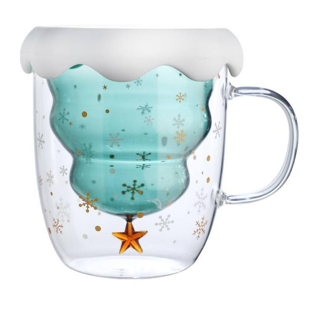 300ML Christmas Tree Glass Cup Heat-Resistant Double Wall Glass Cup Coffee Mug with Lid Cute Christmas Gifts