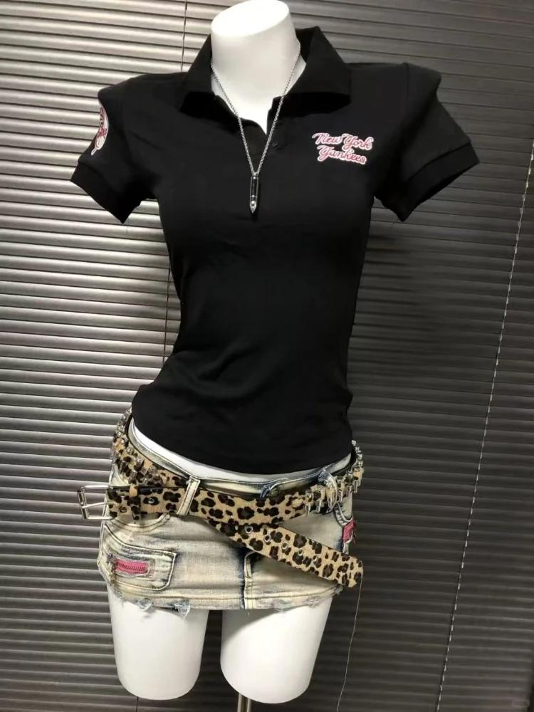 Vyšívané rameno Polo rolák Krátky rukáv Tričko Dámsky letný dizajn Horúce dievča Vintage Preppy štýl Krátke tenké tričká Outfity
