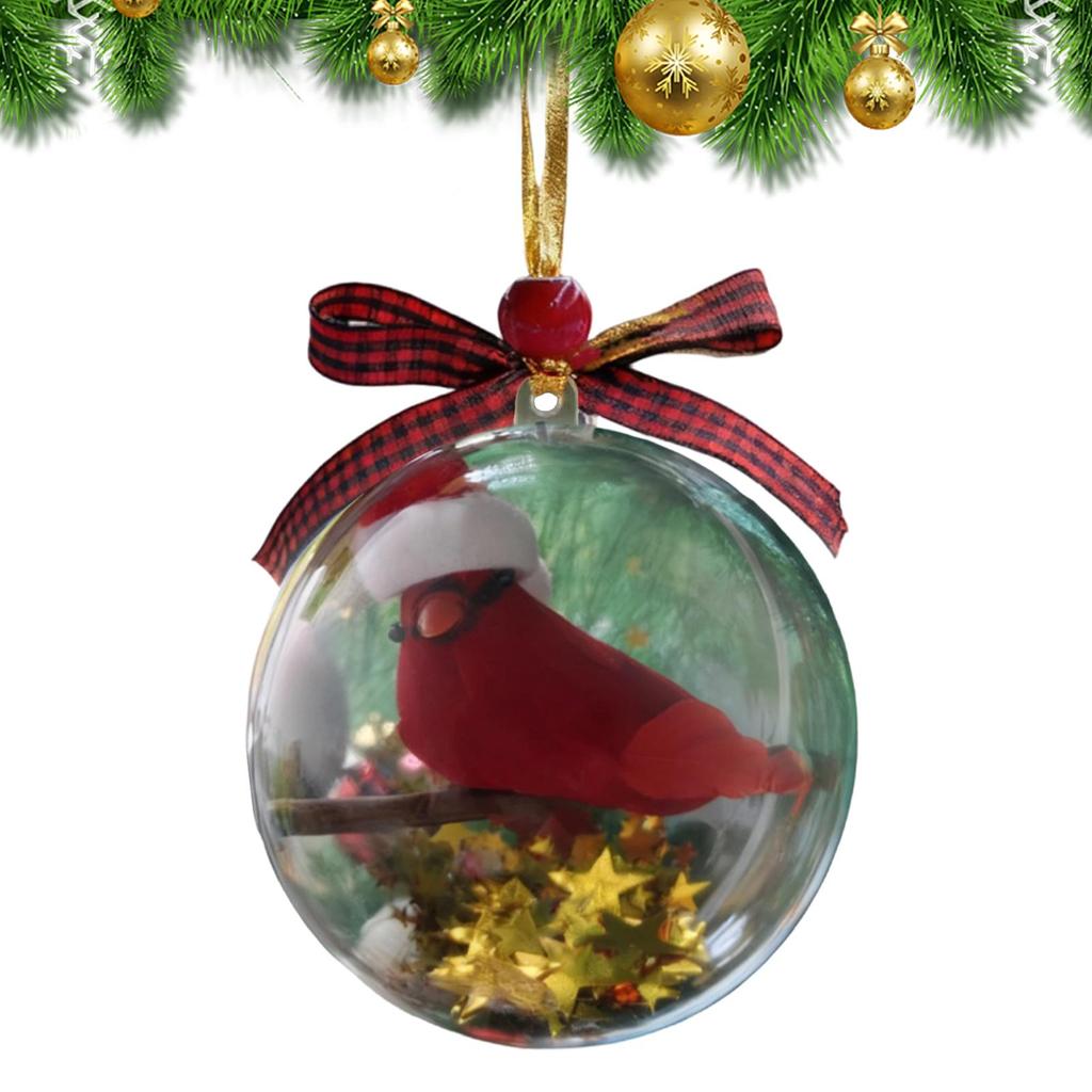 3d transparent bird Christmas ornament crystal ball with realistic hummingbird, red coat sparrow, round Christmas tree pendant