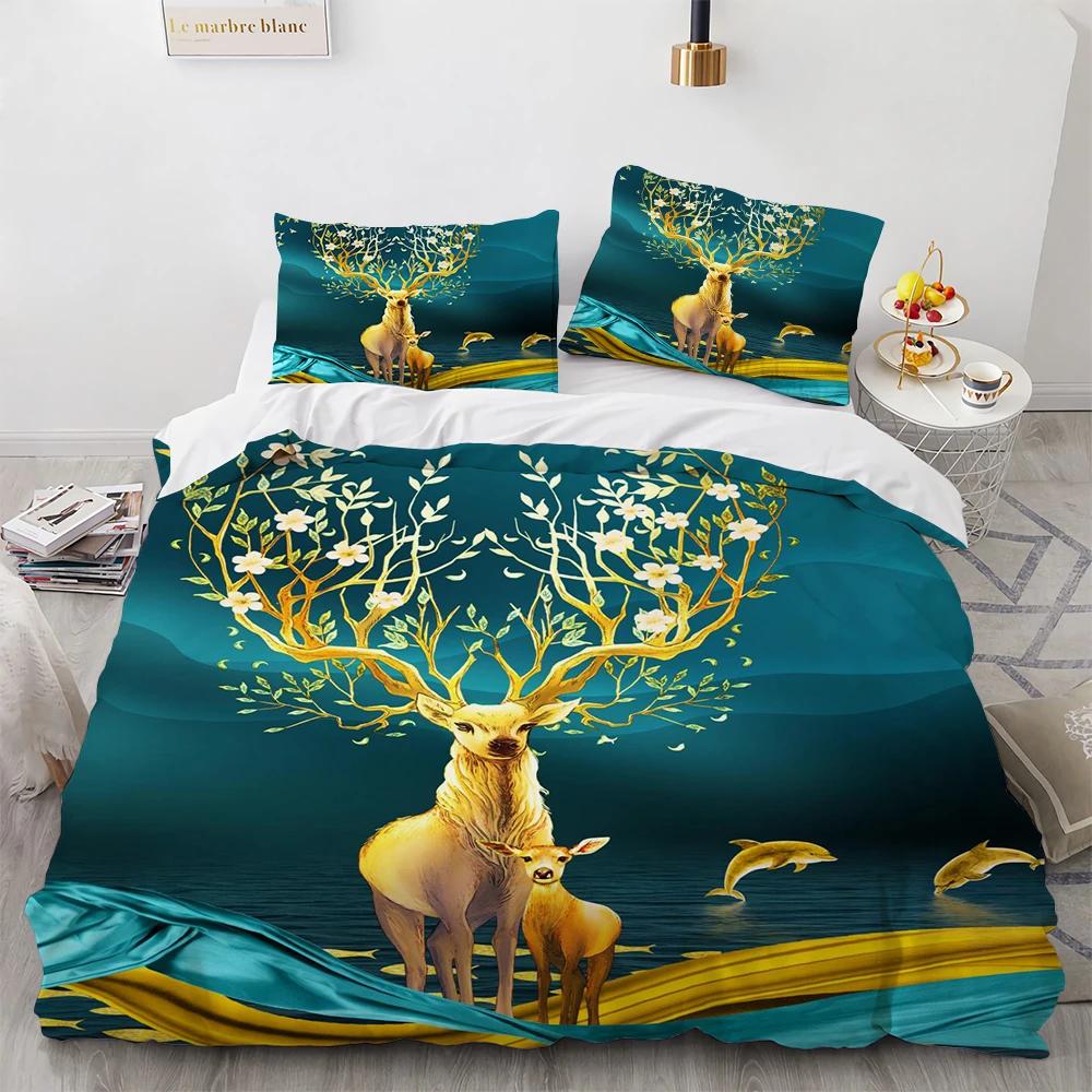 Cartoon Elk Duvet Cover King Queen Size Golden Deer Pattern Bedding Set for Teens Adults Wild Buck Quilt Cover with Pillowcase