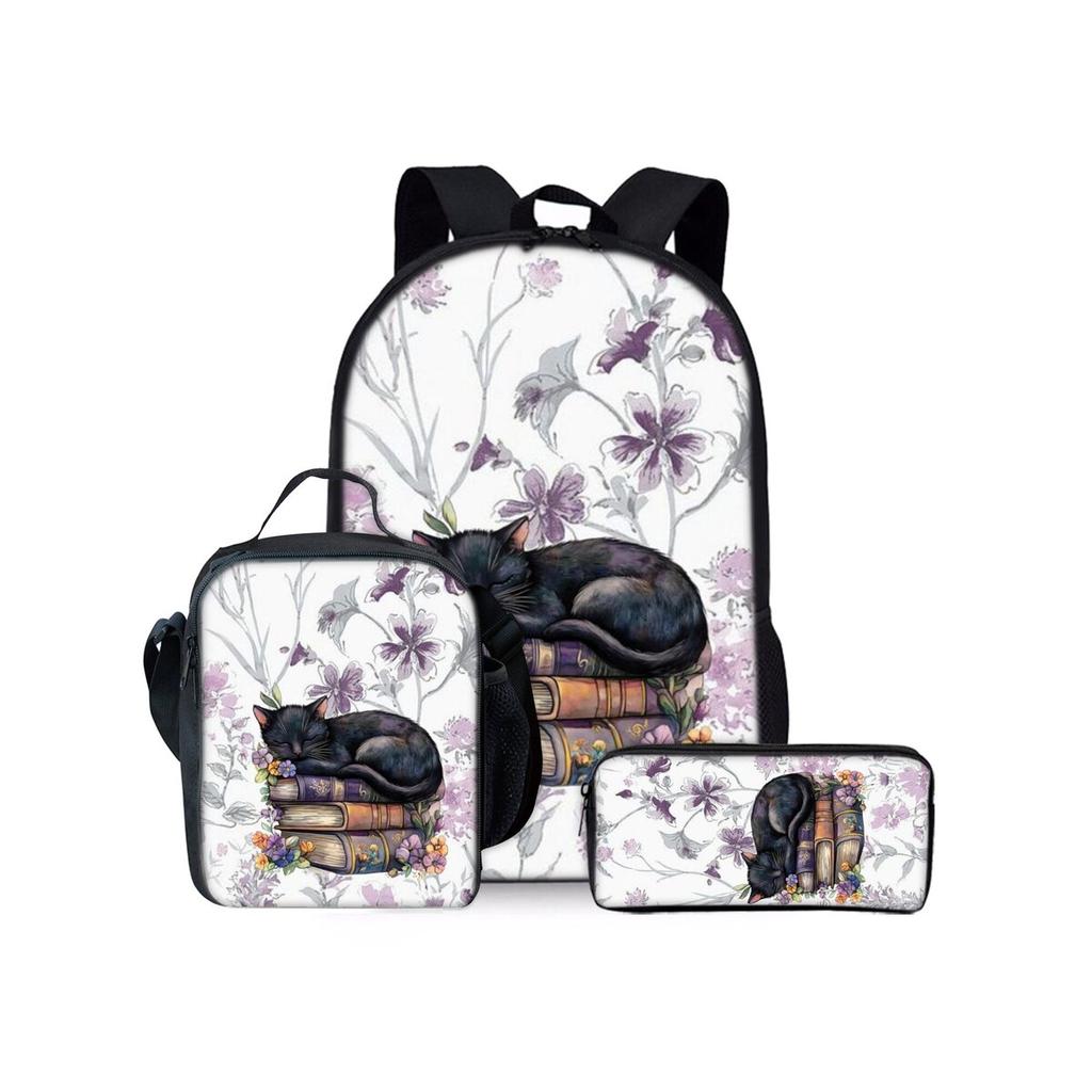 Cute Dachshund Print Cat Three Piece Backpacks Set for Boy and Girls Best Gifts 2D Flat Cartoon School Bag for Children