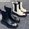 Fashion Metal Stitching Fashion Square Toe Boots 2025 Women's Style Thick Sole Motorcycle Style Slip On Short Boots Black Real Leather
