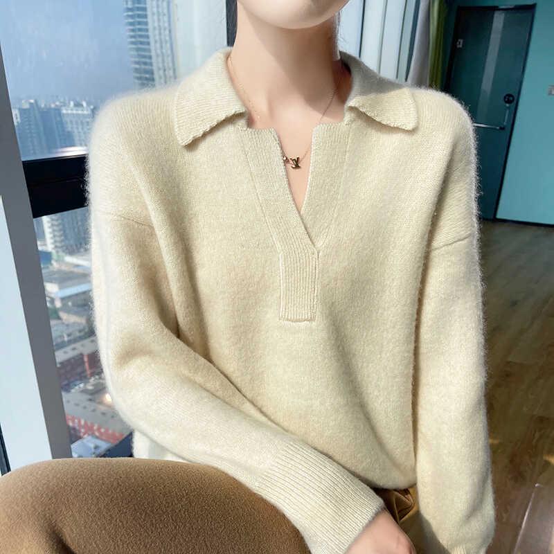 Women's 100% Pure Wool Loose Fit Polo Collar Cashmere Sweater - Autumn/Winter 2024 Collection.