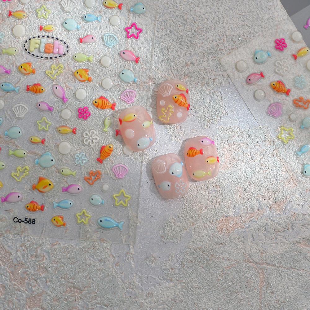 3D Ocean Fish Nail Art Stickers: Cute Coral and Goldfish Scenery