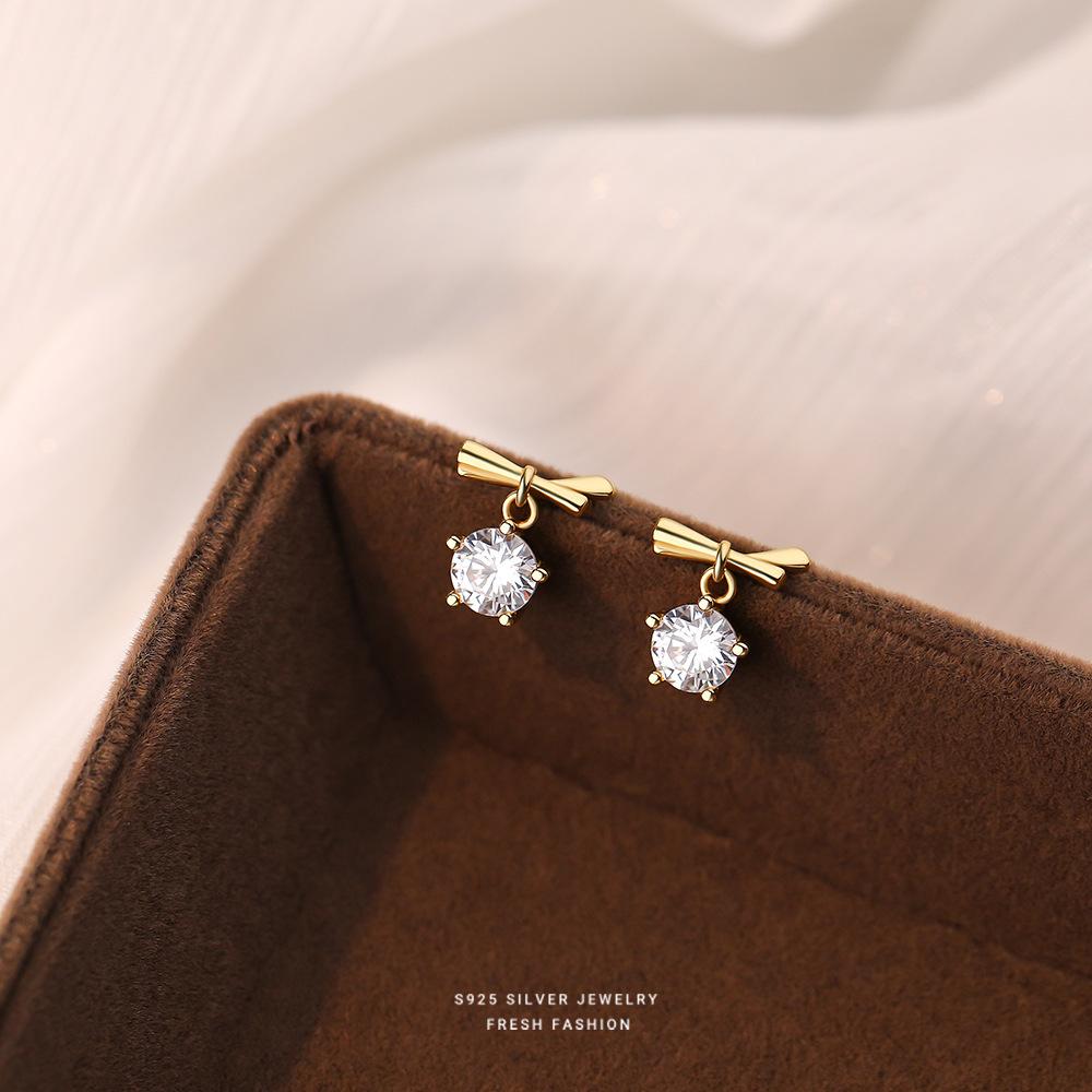 Fashion Simple Super Shiny Zircon Bow Stud Earrings for Women 925 Sterling Silver Jewelry золотой
