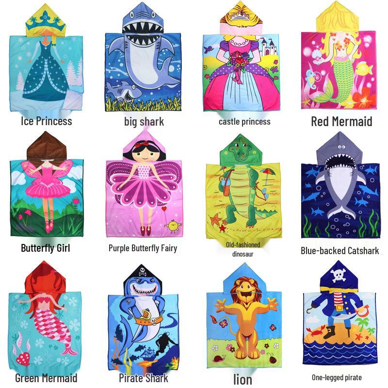 Ultra-Fine Fiber Cartoon Print Kids' Hooded Bath Towel Poncho