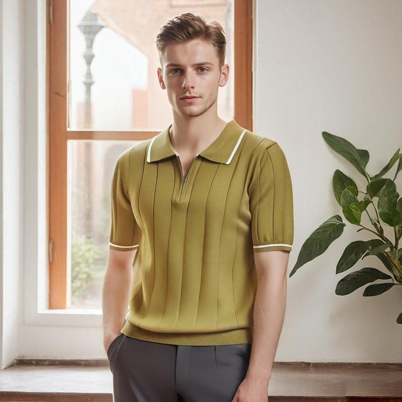 Summer Thin Ice Silk Turn-Down Collar Men's Polo Shirt Knitted Short Sleeve T-Shirt Half-Zip Trendy Slim Fit Half Sleeve