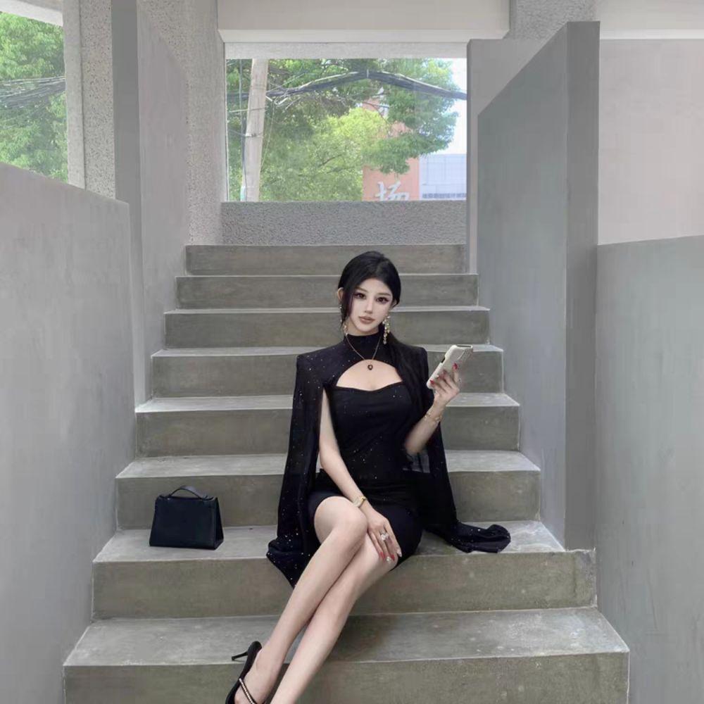 A-line Women Glitter Party Dress Sparkling Slim Evening Dress Chiffon Cape Red Dress  Ladies Girl