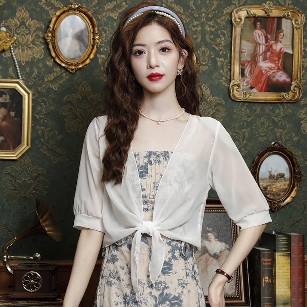 

Transparent Chiffon Small Shawl Jacket Short Sleeve Sun Protection Cardigan Tops Beach