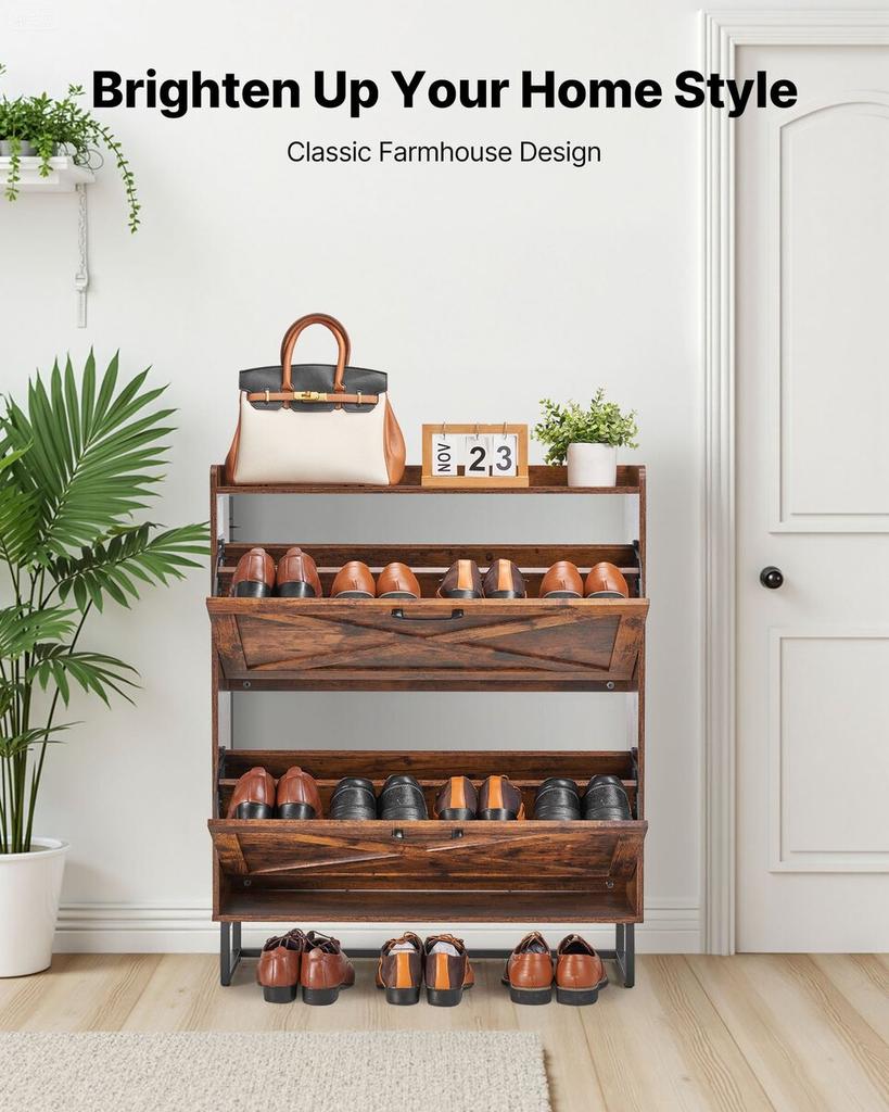 Shoe Cabinet with 2 Flip Drawers, Farmhouse Shoes Storage Cabinet with Metal Legs and Anti-Tipping Device, Freestanding Shoe Organizer Ideal for