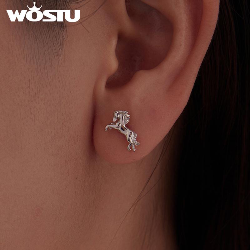 WOSTU Real 925 Sterling Silver Horse Heart Chain Bracelet Stud Earrings For Women S925 Silver Unique Horse Lover's Gift Set