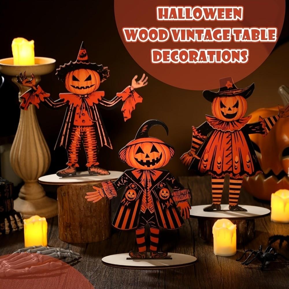 3Pcs 2D Flat Pumpkin Man Tabletop Decor Wooden Pumpkin Scarecrow Party Sign  Tabletop Display