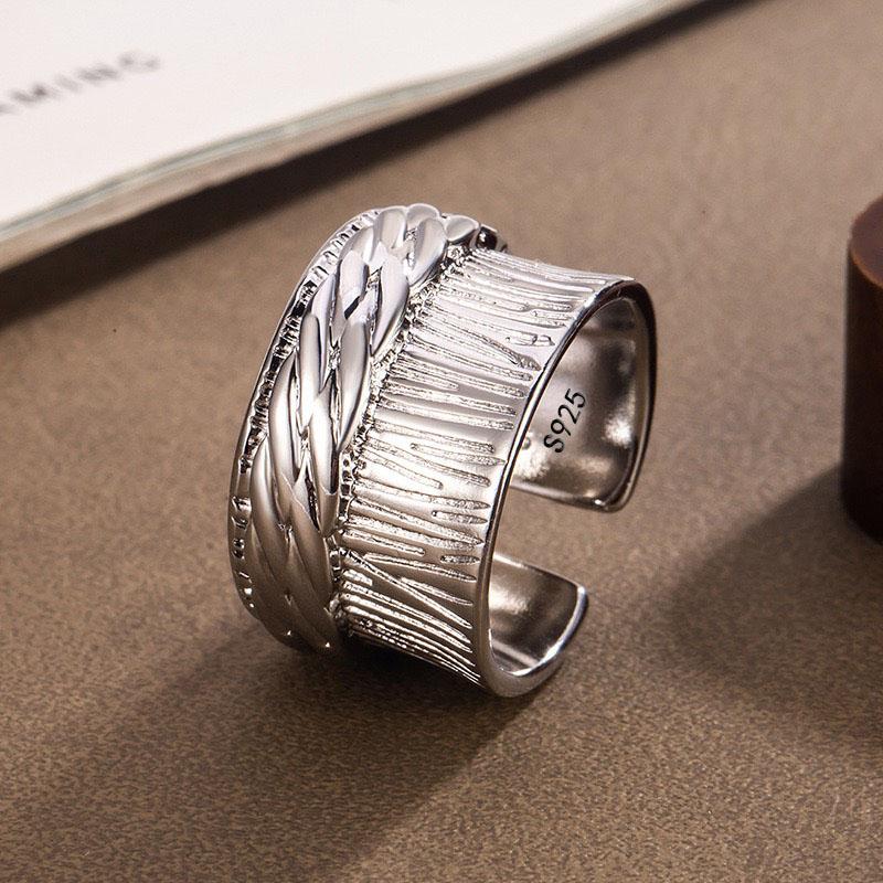 

BF CLUB 925 Sterling Rings for Women Simple Geometric Handmade Irregular Retro Wide Strip Layered Ring Allergy For Birthday Gift resizable