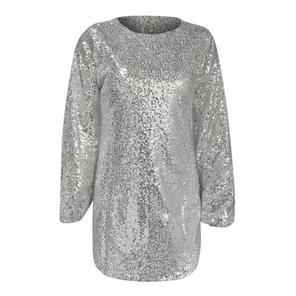 Dámské ležérní jednobarevné šaty z tenkého korálkového kusu s kulatým výstřihem a dlouhým rukávem