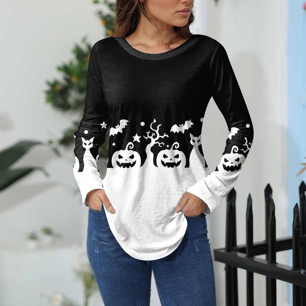 Women's Loose Fit Long Sleeve T-Shirt with Retro Halloween Print, Neck Pullover Top