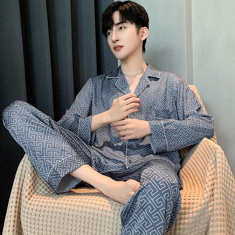 Pajamas Suit Men Summer Ice Silk Short Sleeved Long Pants Thin Male Satin Sleepwear Youth Homewear Set Gentlemen