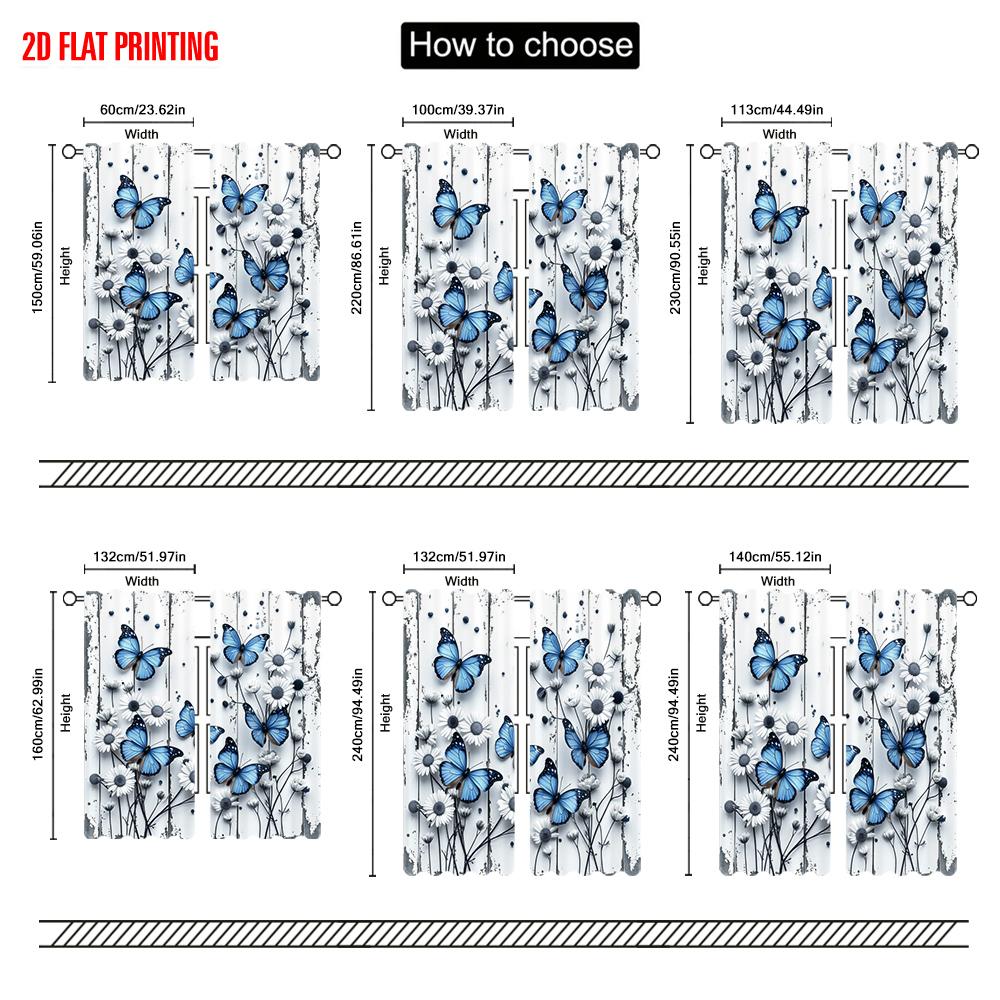 Set Of 2 Flat Printing Drapes Blue Butterfly Daisy Swirls Digital Printed Polyester All Season Party Holiday Decor Use Curtains Made