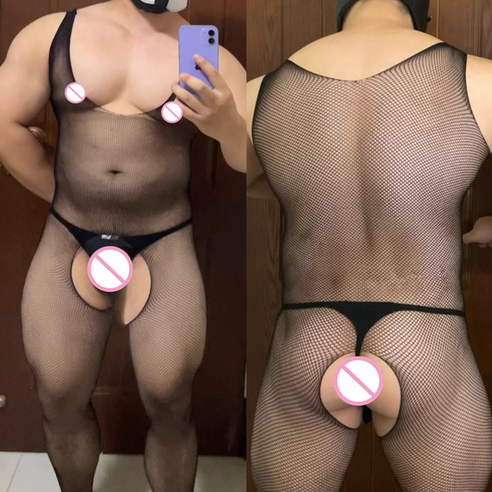 Sexy Adult Couple Sex Man's Fishnet Lingerie Jumpsuits Male Sheer Babydoll Nightwear Sleepwear Porn Gentlemen Underwear