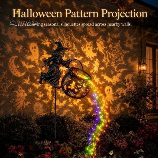 Landscape Decor for Windowsill Halloween Witch Garden Stake Light Outdoor Decoration, 33.5 Inch Waterfall-Style Metal Lighting Lawn Cauldron Ornament,
