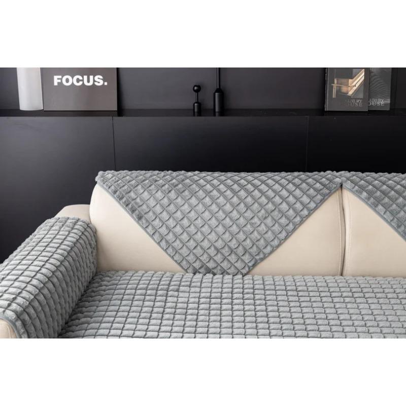 Solid Color Sofa Cover Universal Plaid Plush Non-Slip Thickened Living Room Sofa Cover Modern Sofa Cushion Armrest Back Towel