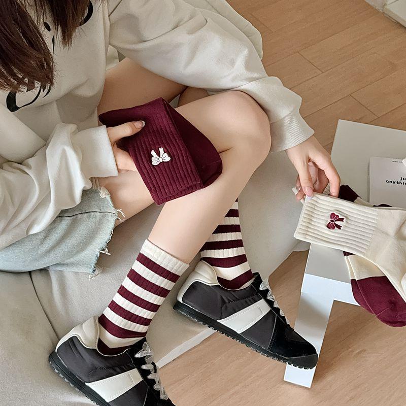 Women's Burgundy Striped Cotton Slouch Socks - Mid-calf to Over-the-knee