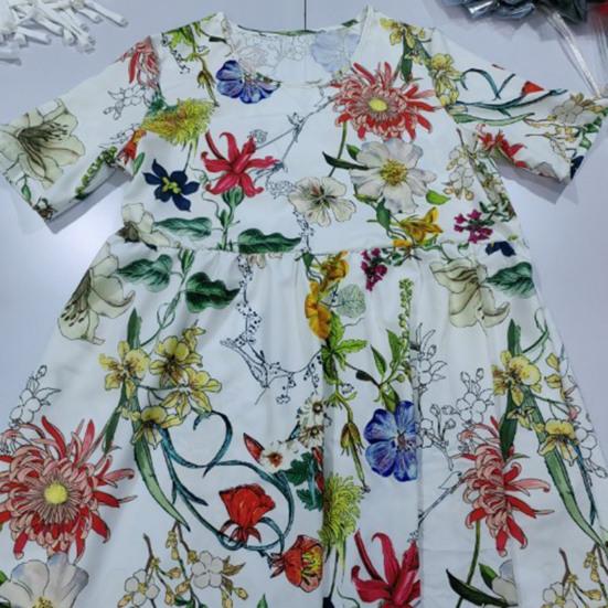 O-Neck Krótki rękaw Plisowana sukienka Midi Kieszenie Luźne obszycie Kobiety Kwiatowy nadruk Linia A Sukienka na wakacje Odzież codzienna