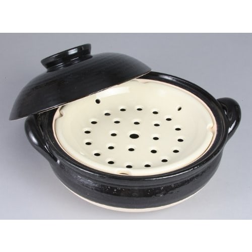 Nagatani-en Healthy Earthenware Steamer, Large, 31 cm, 3000 ml Capacity, Serves 3-5, Direct Heat Only, Black, Iga-yaki, Made in Japan, ZW-18