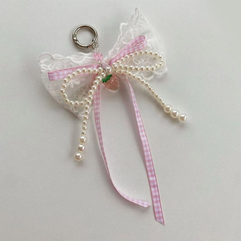 Delicate Pearls and Lace Bowknot Bag Ornament With Gingham Pattern Portable Accessory for Daily Commutes or Dates