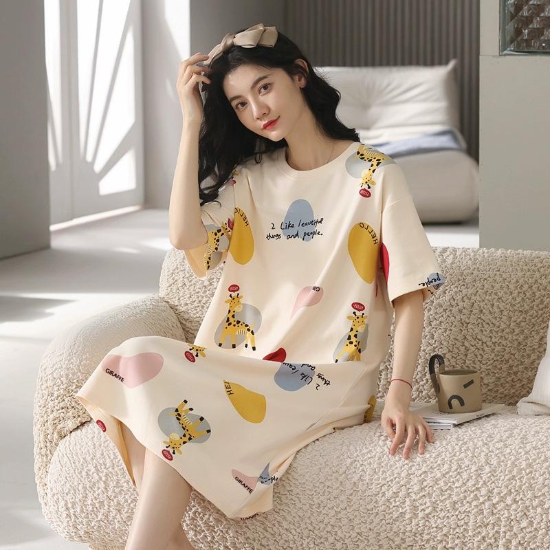 Girls' Summer, Spring and Autumn Short-sleeved Home Wear with Cute Cartoon Designs and Loose Style Pajamas and Nightgowns