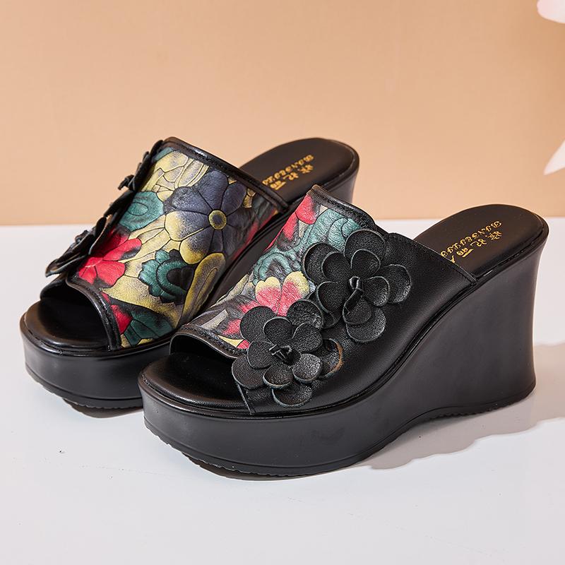 

Модные GKTINOO 2025 Женские шлепанцы из натуральной кожи с цветком, на высоком каблуке-клине, летняя обувь на платформе, в стиле ретро, ручной работы, женские кожаные шлепанцы 250 чёрный