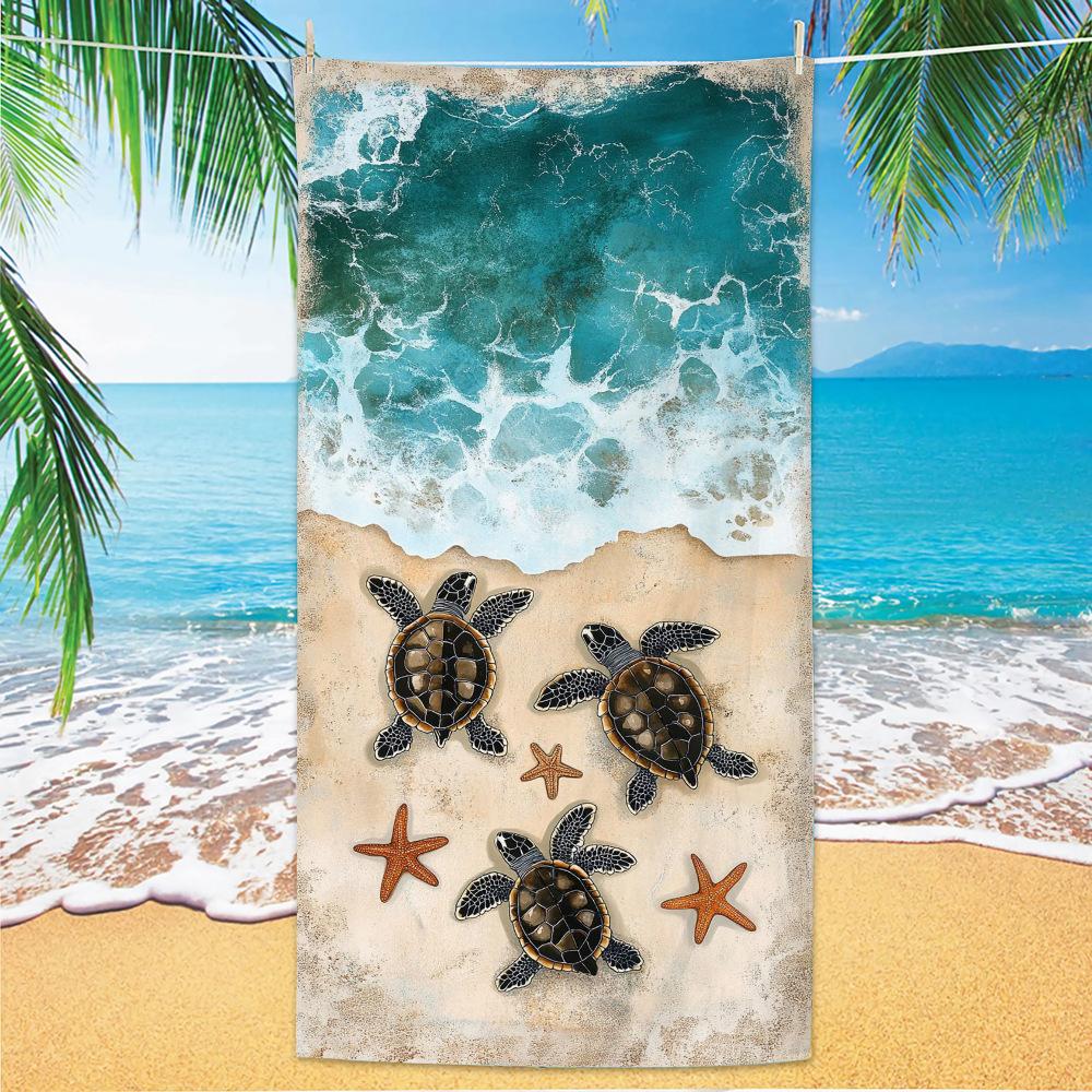 Beach Scene Themed Beach Towel, Ocean Sand Print Quick-Dry Microfiber Pool Towel