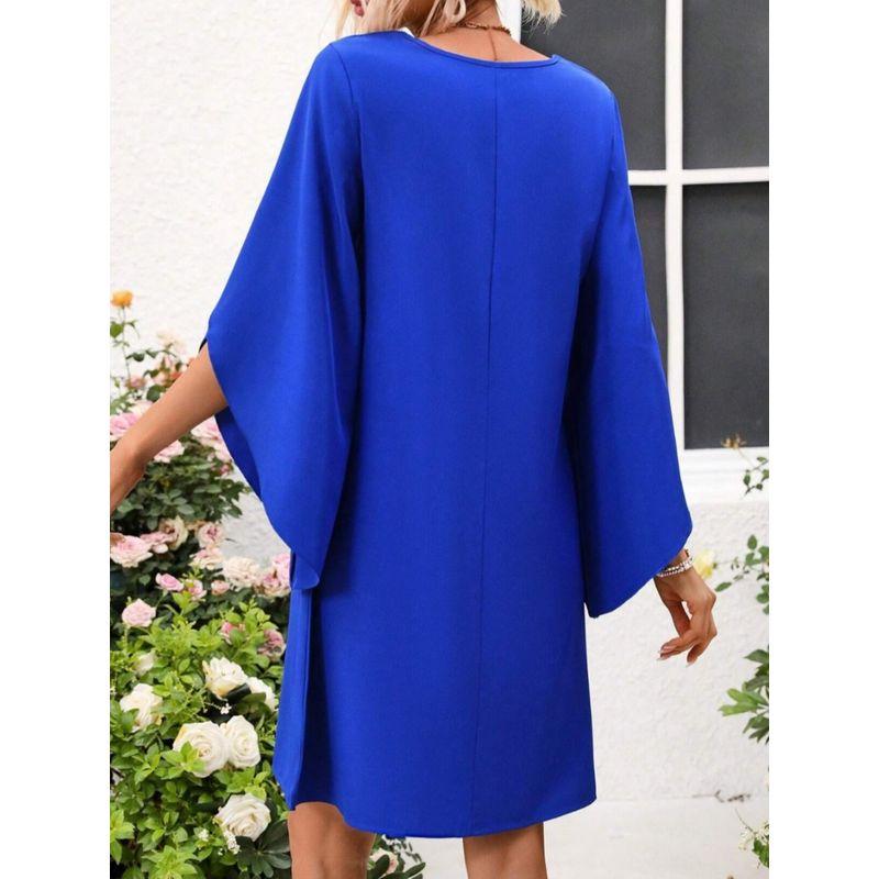 Spring and Summer New Fashion European and American Style round Collar, Blue Loose Casual Half Length Cape Sleeve Dress Dress Dress Dress