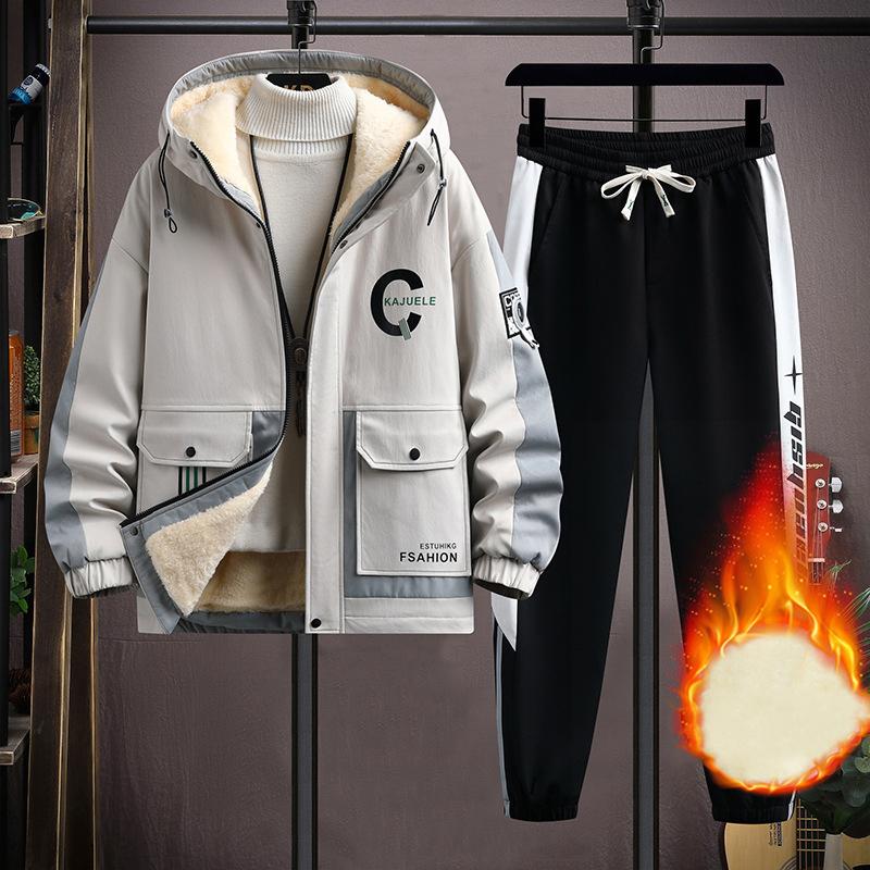 Winter Fleece Thicken Casual Tracksuit Sets Trend Hooded Patchwork Set Autumn Warm Sportswear Jacket Trousers Suits