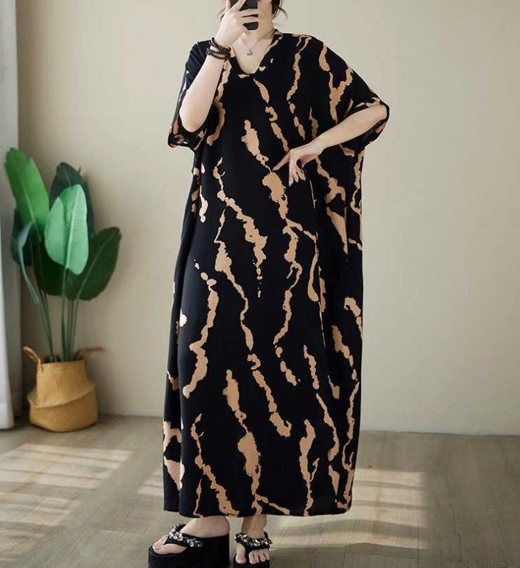 Summer Plus Size Loose Fit Vacation V-Neck Short Sleeve Maxi Dress Women Beach