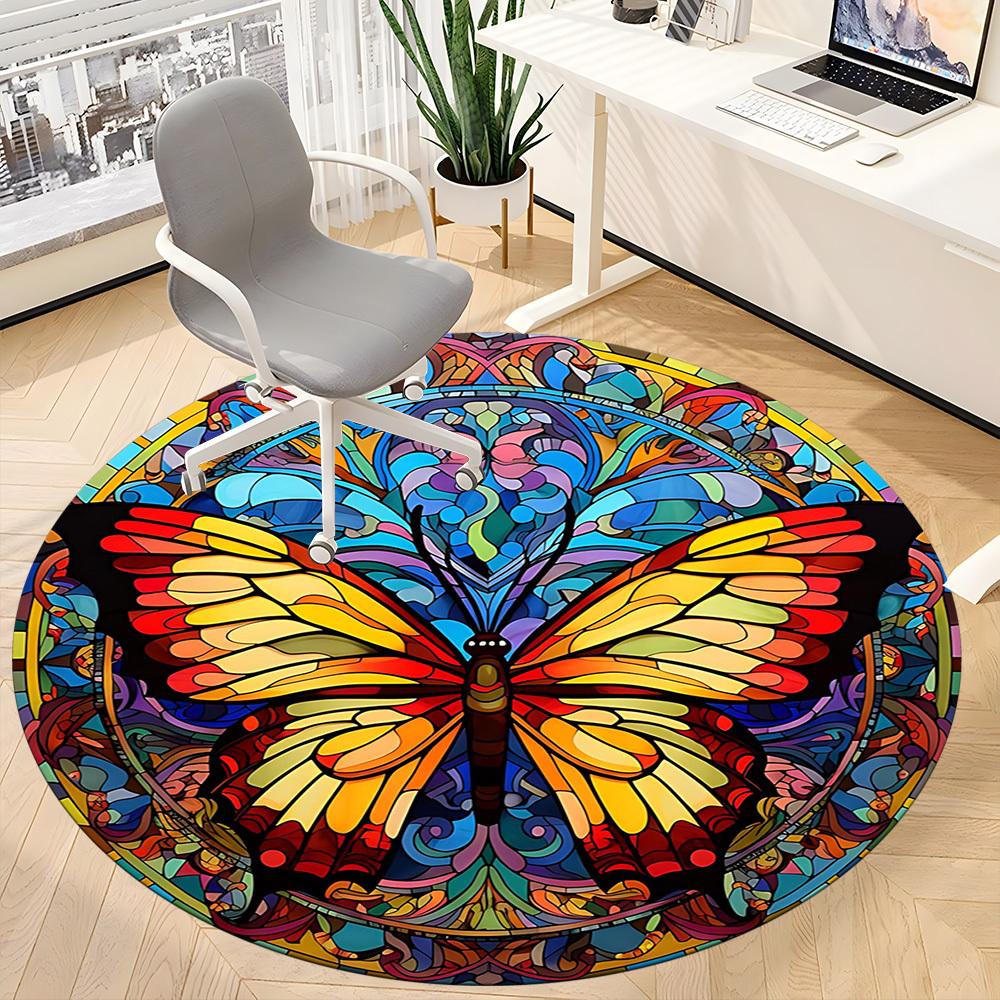 1PCButterfly StainedGlass Office Round Area Rug,  Mat Suitable For Office, Under Office Chairs Bedroom Living Room Home Decor, Room Deco