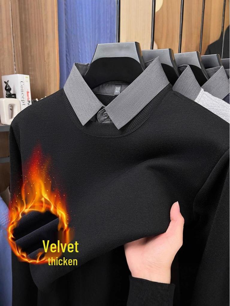 Men's Two-in-One Fleece-Lined Knit Sweater with Shirt Collar for Autumn/Winter
