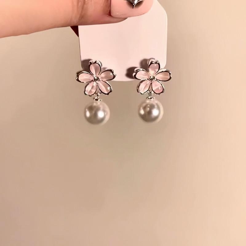 Silver Needle Pink Flower Tassel Pearl Earrings Women's New Popular Spring Temperament Earrings Premium Earrings