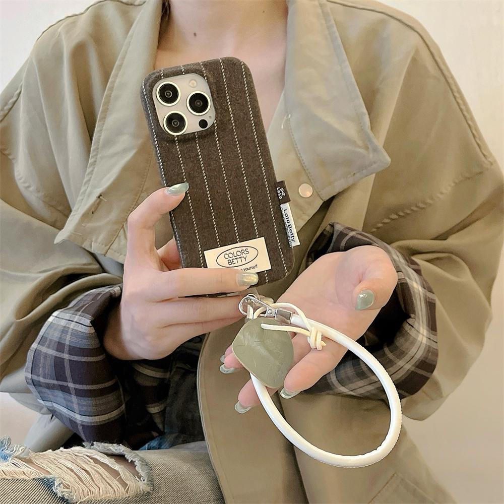 Korea ISN Simple Striped Plush Phone Case for iPhone 17 16 Pro 15 14 Pro Max 13 Cover with Lanyard Fashion Protection Funda Case