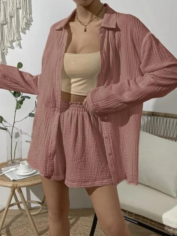 Cotton Gauze Muslin Sets for Women 2 Pieces Long Sleeve Shirts and Loose High Waist Mini Shorts Sets Ensemble Femme